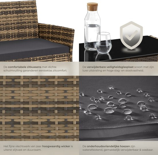 tectake® - Wicker tuinset Palese - Zitgroep voor 4 personen - Tuinmeubelset met loungebank, tuintafel en 2 tuinstoelen inclusief zitkussens - Tuinmeubelen - Waterafstotend - Grijs