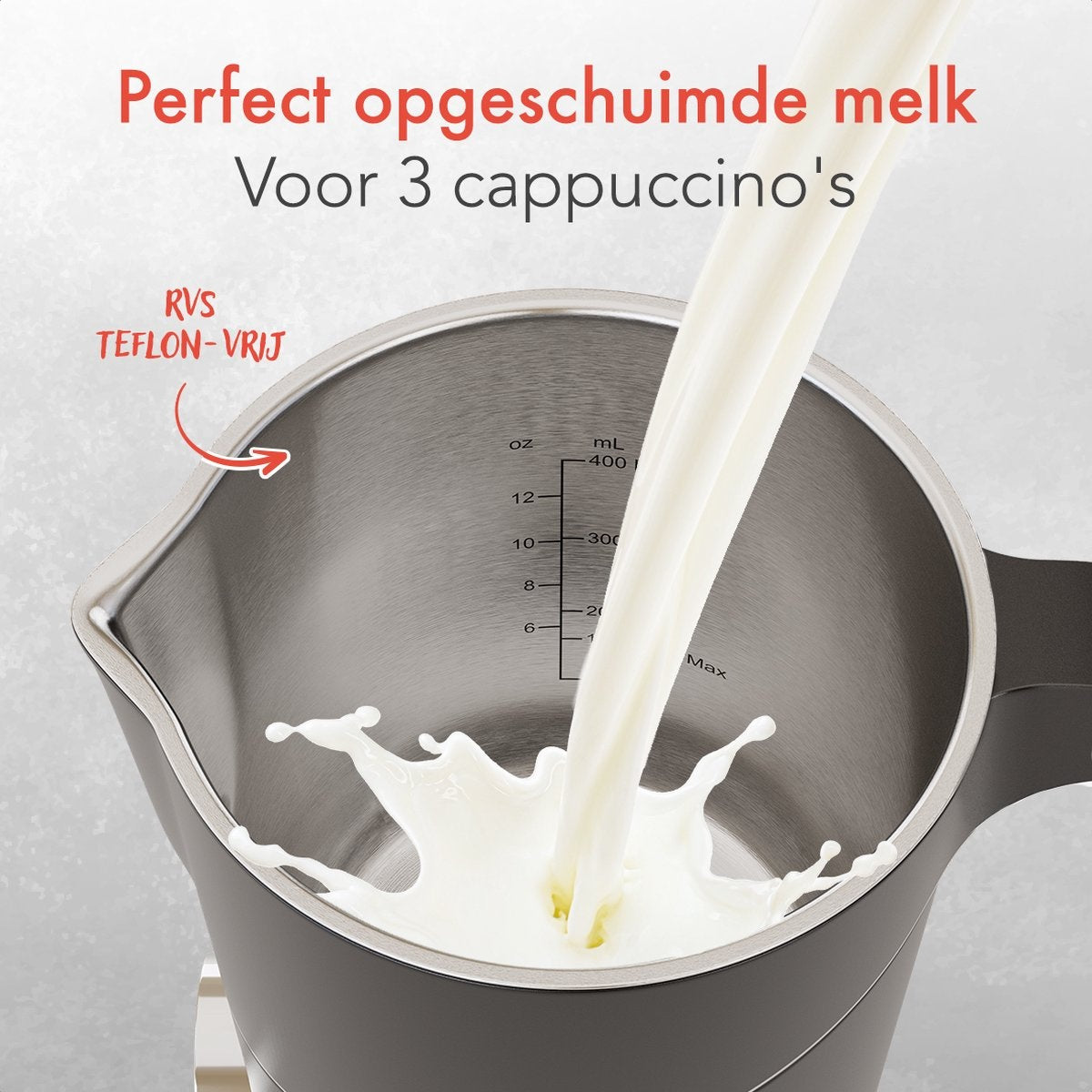 KitchenBrothers Elektrische Melkopschuimer - Vaatwasserbestendig - 4-in-1 - 400 ML - Voor 3 Cappuccino's - Zwart