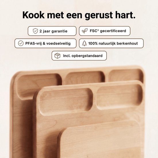 Safecourt Kitchen 3 delige houten snijplanken set [100% vrij van microplastics] - inclusief opbergstand - FSC gecertificeerd berkenhout