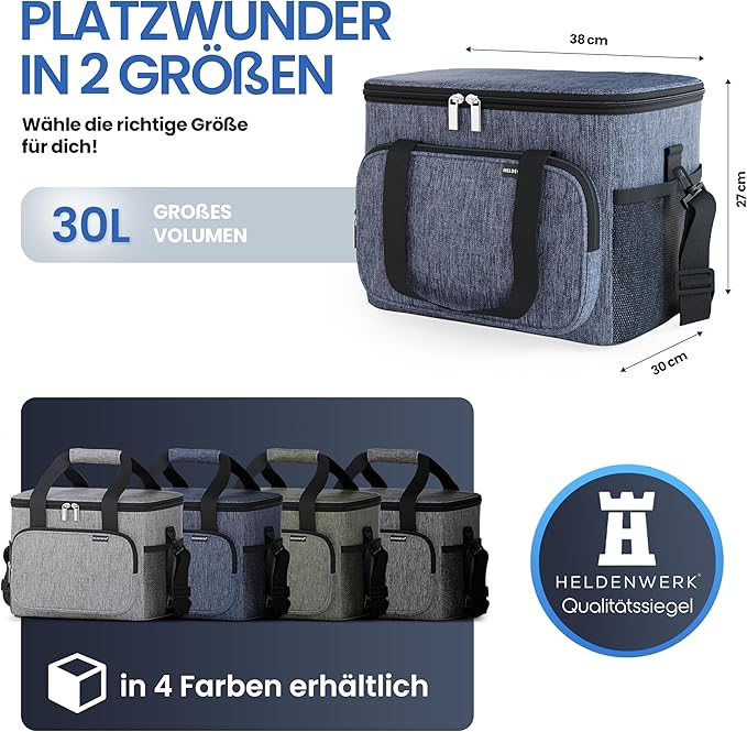 Heldenwerk Grote opvouwbare koeltas – Geïsoleerde koelbox, thermotas, lekvrij en waterdicht – Picknick- en lunchtas – 30 L – Donkergrijs
