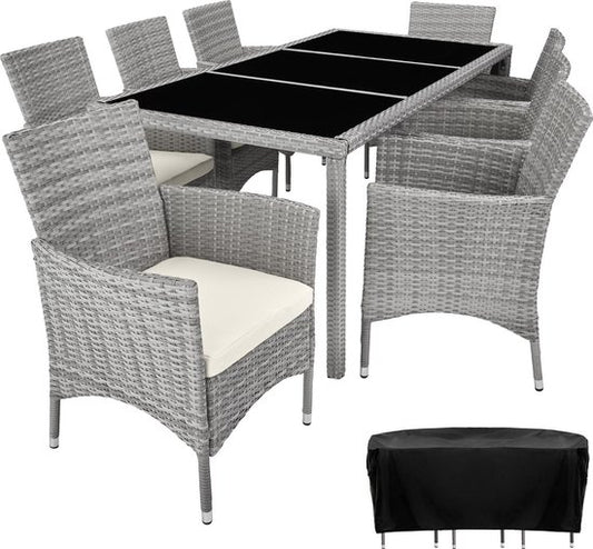 tectake - Wicker zitgroep 8 stoelen en 1 tafel - incl. beschermhoes - grijs - 403710