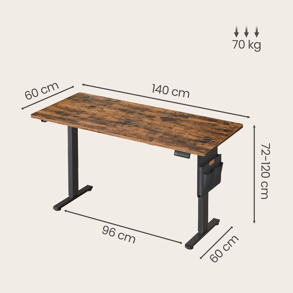 Joyfurnos Elektrisch Zit-Sta Bureau 140 x 60 cm - In Hoogte Verstelbaar met Geheugenfunctie - USB-C - Bruin