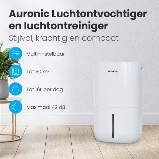 Auronic - Luchtontvochtiger - 16 l Capaciteit - Digitale Vochtigheidsmeter - Met Nachtmodus & Timer - 2 l Watertank - Kunststof - Wit