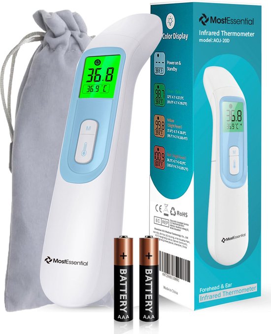 MostEssential Premium Koortsthermometer – Oorthermometer & Voorhoofd – Contactloos – Volwassenen, Kinderen, Baby – 20D