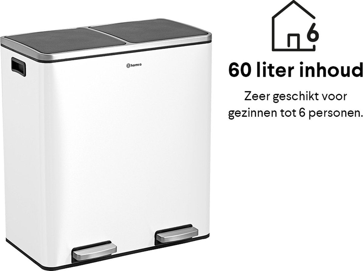 Afvalscheidingsprullenbak 2 vakken Crème Wit – 60 L (2x30 Liter) pedaalemmer Homra QUICKX – Design Duo Afvalemmer RVS - Afval Scheiden - Recycle Afvalbak - Hygiënisch Pedaal - Dubbele Vuilnisbak - Keuken Vuilbak - Kantoor Prullenbak