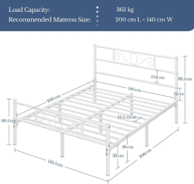 Yaheetech Metalen Bedframe - Wit - 206 x 142,5 x 88,5 cm - Matras 140 x 200 cm - Met Lattenbodem