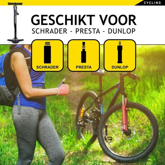 Dunlop Fietspomp met Drukmeter - Dubbel Ventiel - Hollands Ventiel/ Frans Ventiel/ Autoventiel