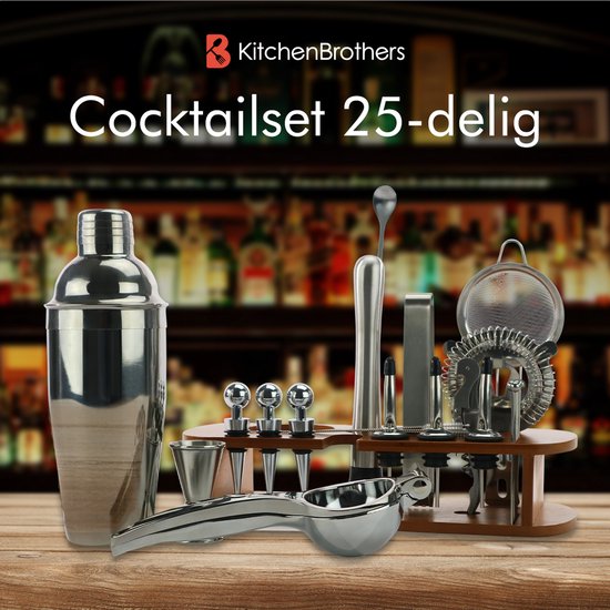 KitchenBrothers Cocktail Set - 25 delig - Inclusief Cocktail Shaker (750ml) - Compleet voor Cocktailbar - Donkerbruin/Bamboe - Cocktailset - BPA-Vrij - Met Receptenboekje - Cadeauverpakking