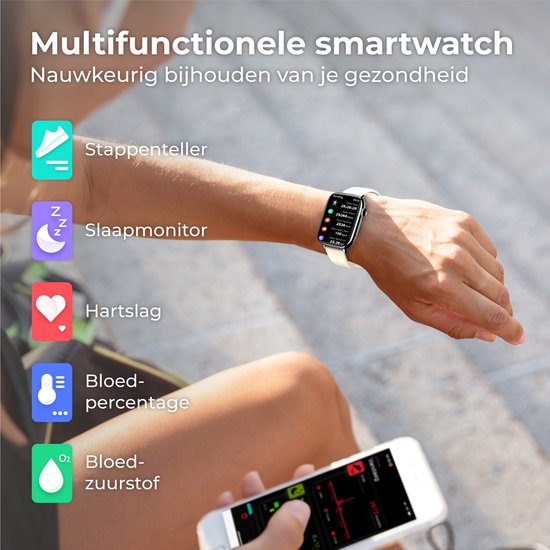 Nuvance - Smartwatch Heren & Dames met Bluetooth - IP68 Waterdicht - Geschikt voor alle Smartphones - Stappenteller en Hartslagmeter - Zilver