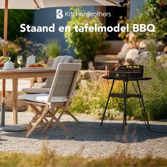 KitchenBrothers Elektrische BBQ - Staand en Tafelmodel Barbecue - Tafelbarbecue - Anti-aanbaklaag - 24x50cm Grilloppervlak - 2200W - Zwart
