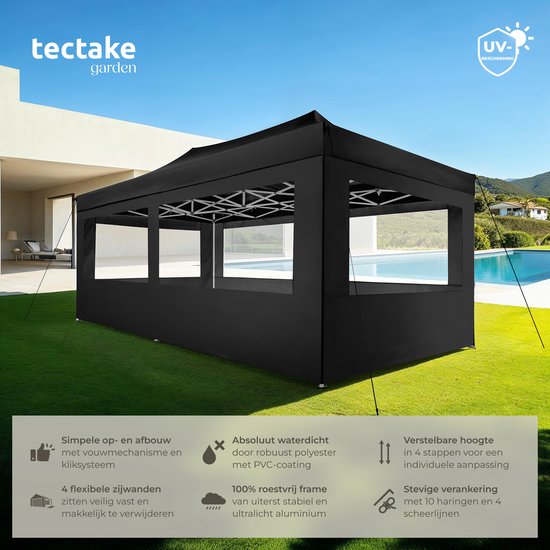 tectake® Vouwpaviljoen - Opvouwbaar en waterdicht - Tuinpaviljoen met 4 zijpanelen - Incl. haringen, scheerlijnen en tas - Terrasoverkapping, partytent - 6x3m - Zwart