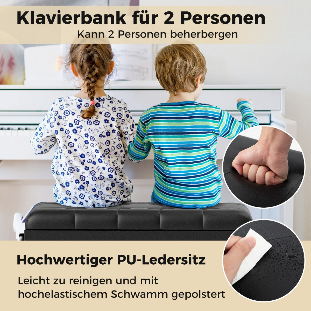 Verstelbare duet-pianobank met Opbergruimte en Waterdicht gewatteerd kussen - 6 x 36 x 48-58 cm - Zwart
