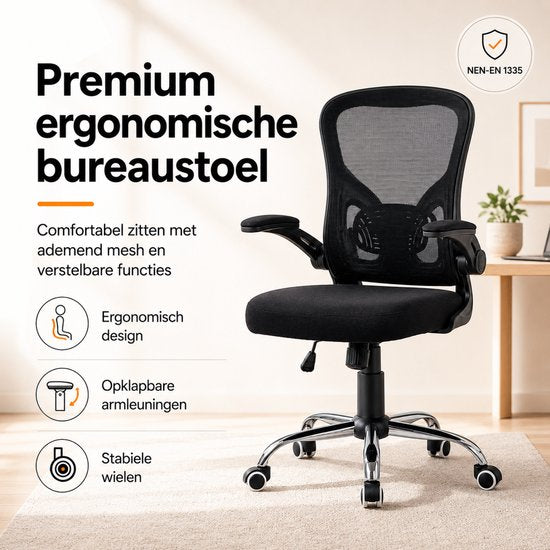 Infinity Goods Ergonomische Bureaustoel - Office Chair - 4D Lendensteun & Mesh - Opklapbare Armleuningen - Tot 150kg - NEN-EN1335 - Zwart