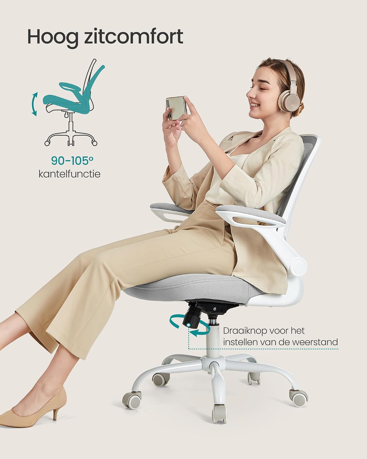 Songmics KIME ergonomische bureaustoel - Lichtgrijs - 64 x 64 x (99–107) cm