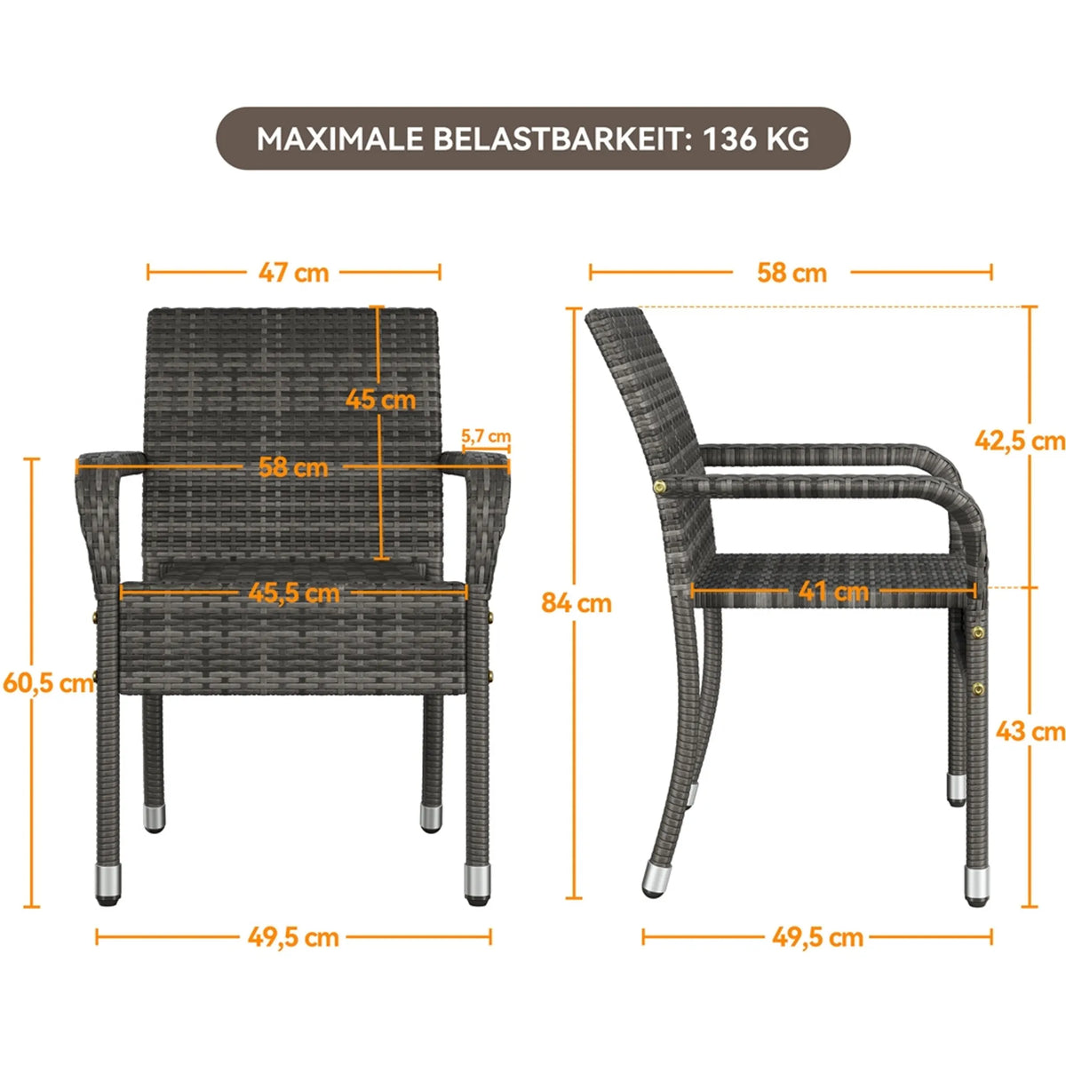 Yaheetech Set van 2 Stapelbare Tuinstoelen van PE-Rattan 58x58x84 cm – Sfeervol Grijs – Rattan en Metaal