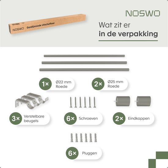 Noswo Gordijnroede - Uitschuifbaar - 183 tot 366 cm - Gordijnstang - Gordijnrails Compleet - Metaal - 300cm - Zilver