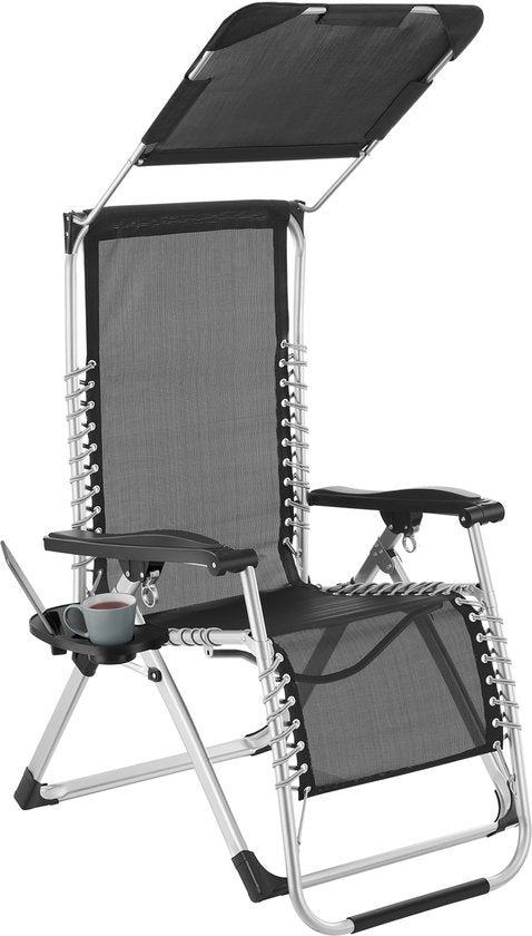 tectake® Opvouwbare Ligstoel Cloud met Zonnescherm - Tuinstoel met Tafeltje - Bekerhouder - Traploos Verstelbaar - Voor Balkon, Camping of Tuin - Relaxstoel met extra dik Kussen - Strandstoel - Ligbed - Div. kleuren - Zwart