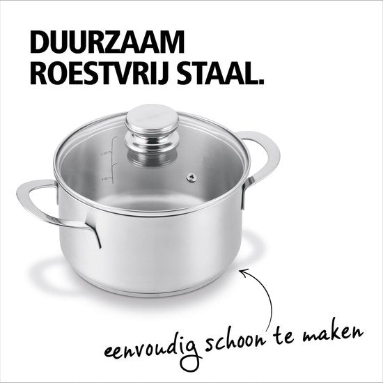 BRABANTIA ENJOYMENT Kookpot/kookpan - Ø 24 cm - RVS - Glazen deksel - PFAS-vrij - Geschikt voor inductie