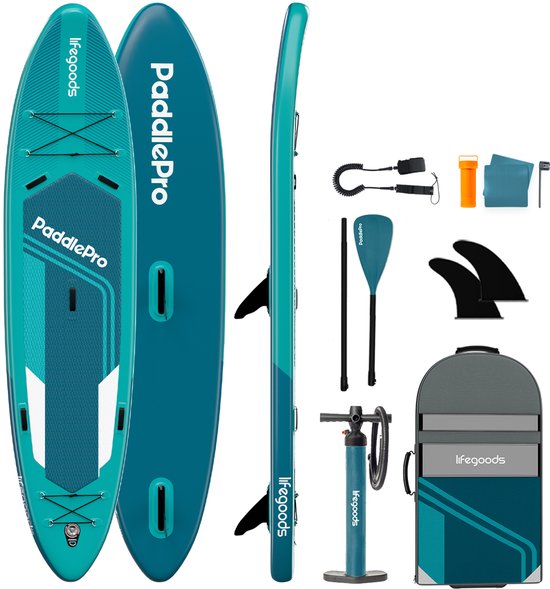 LifeGoods SUP Board Tandem - 2 Personen - 220 KG Draagkracht - 381 x 86 cm - Opblaasbaar - Compleet Sup pakket - Deep Aqua