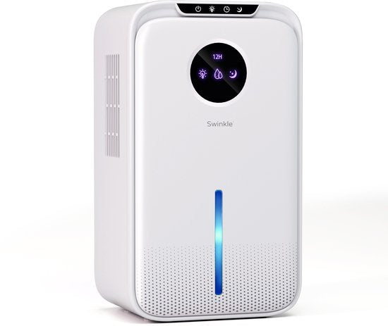 Swinkle Luchtontvochtiger 2.5L – Ontvochtigt tot 1L per dag – Dehumidifier met Ionisator & 7-Kleuren LED – Stil & Energiezuinig – Voor Slaapkamer, Badkamer & Woonkamer – Wit