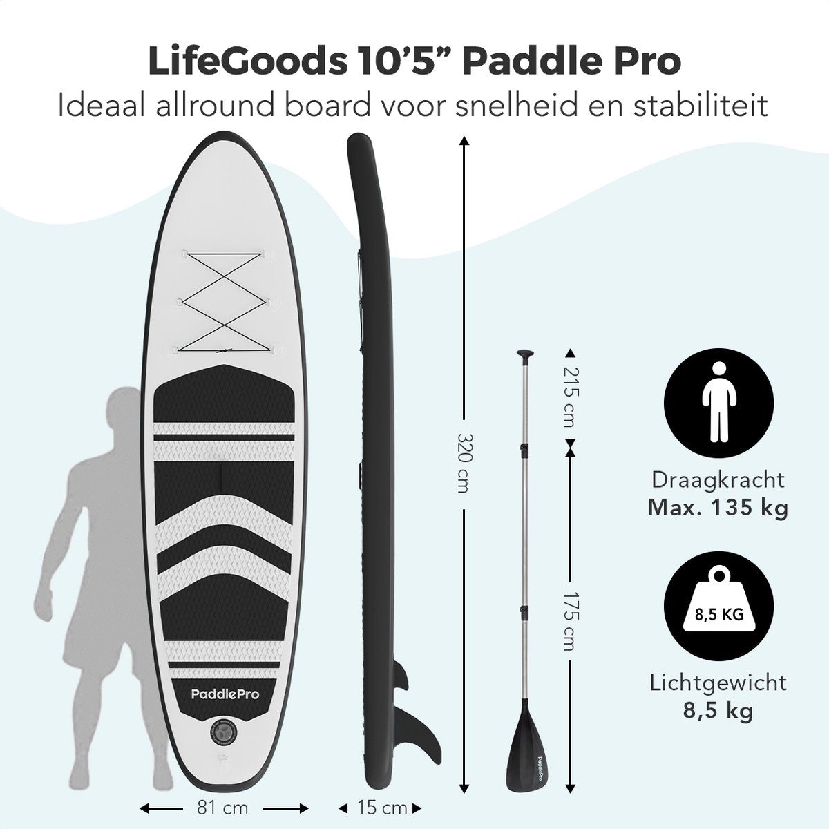 LifeGoods SUP Board - Opblaasbaar Paddle Board - Complete Set - Max. 135KG - 320x81cm - Wit/Zwart