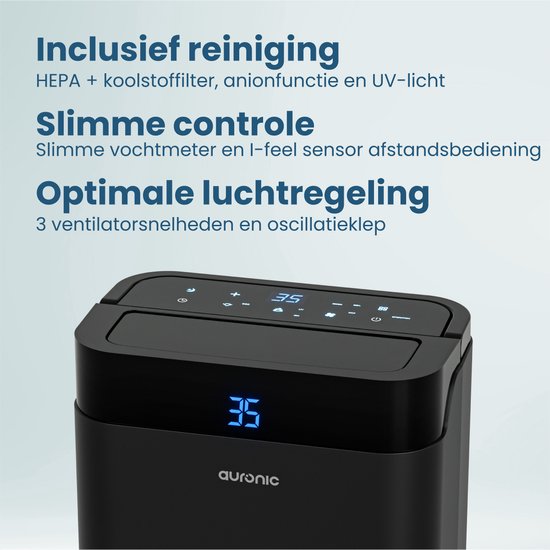 Auronic Luchtontvochtiger en Luchtreiniger - Better Plus Series - Ontvochtigt 12L per dag - 5L Waterreservoir - Slaapkamer, Badkamer, Woonkamer en Kantoor - Vochtvreter voor in Huis - Zwart