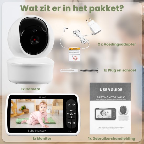 Saaf Babyfoon - Incl. Camera en Monitor - Bestuurbaar/kantelbaar - Praatfunctie - 5" Scherm