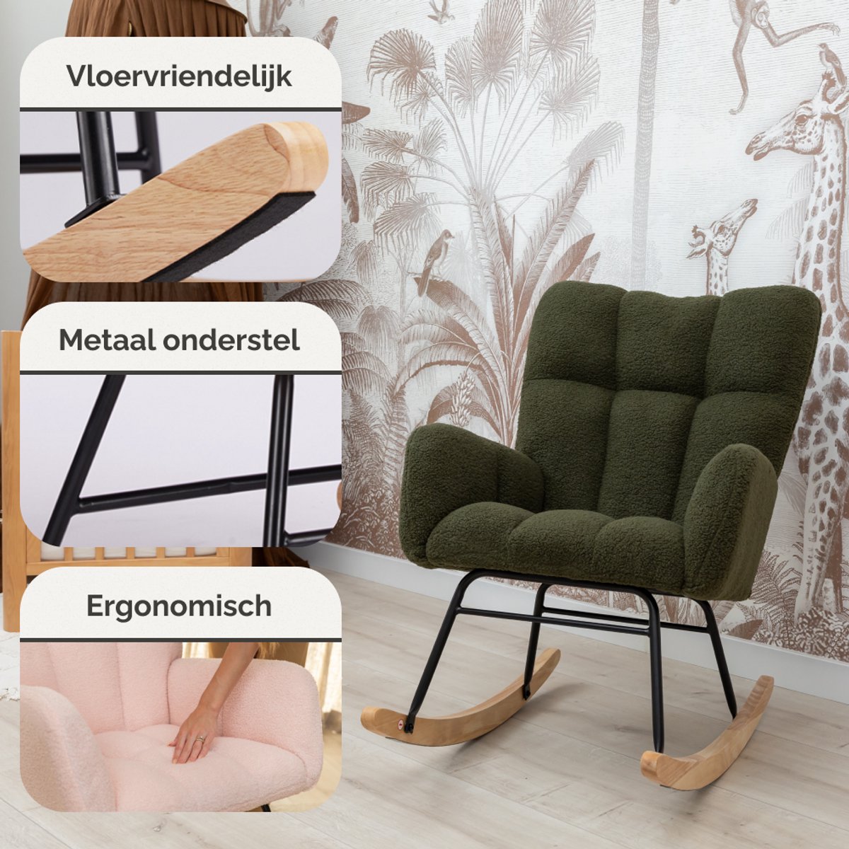 SITTT Noella schommelstoel - donker groen - 70x96x97 cm - relaxstoel & babykamer fauteuil