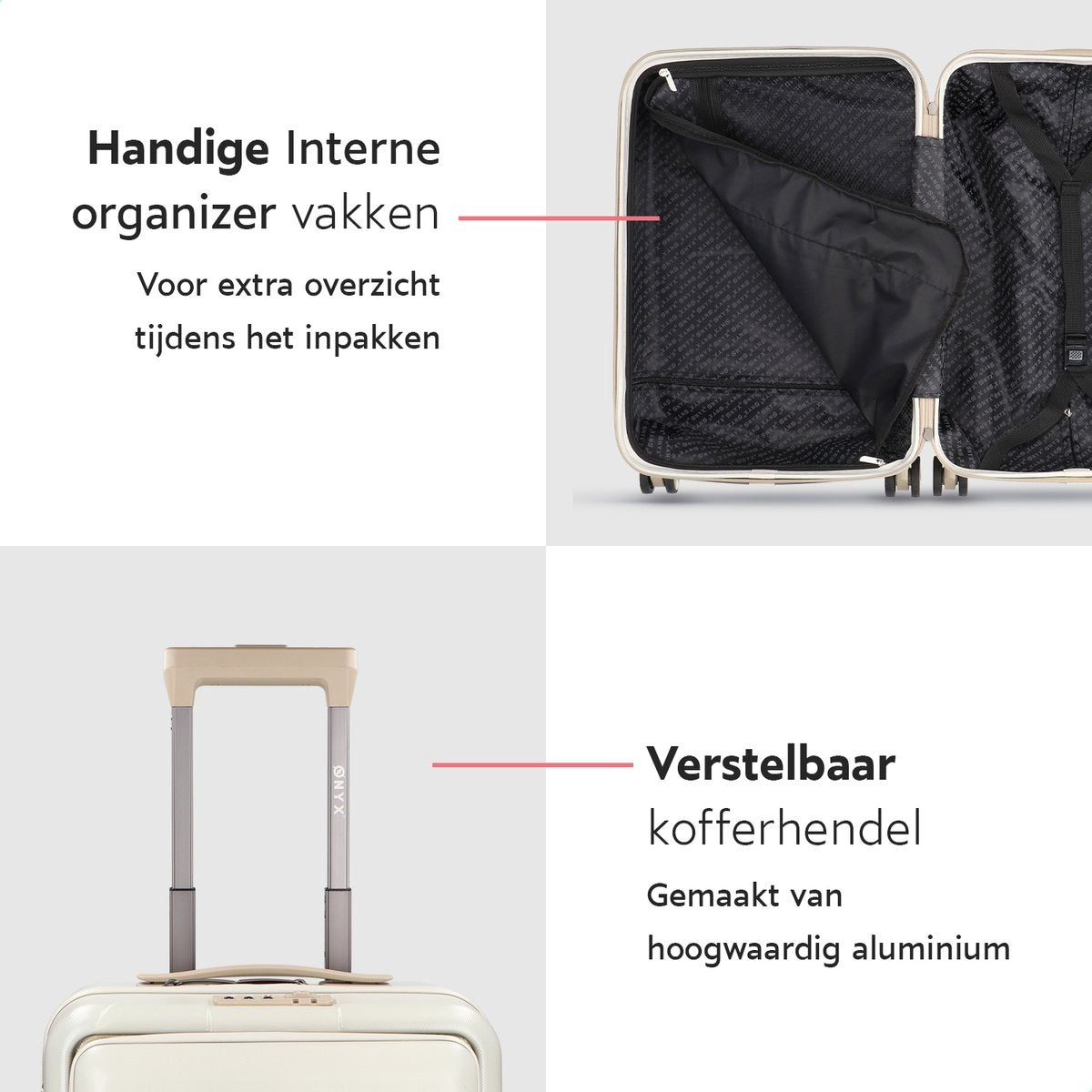 ONYX® - Handbagage koffer 35 L - Stille spinner wielen - Lichtgewicht trolley - Dubbel TSA slot - Praktisch voorvak - 55 cm - Beige