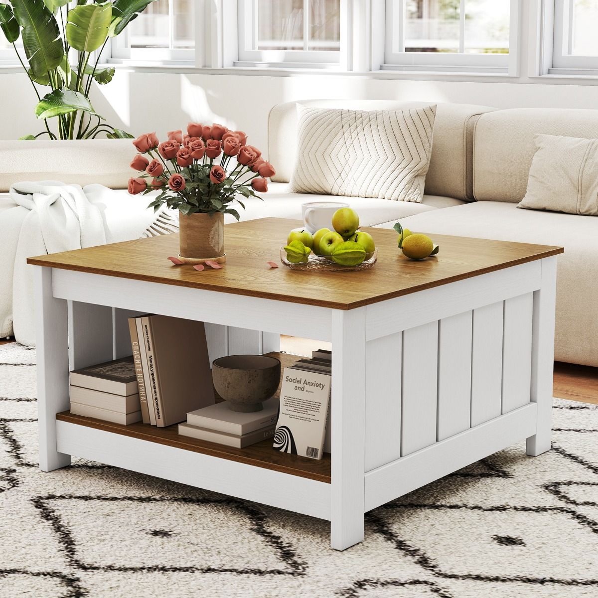 Coast Salontafel Hout - 2-laags - Opbergruimte - Naturel en Wit - 80 x 80 x 45 cm