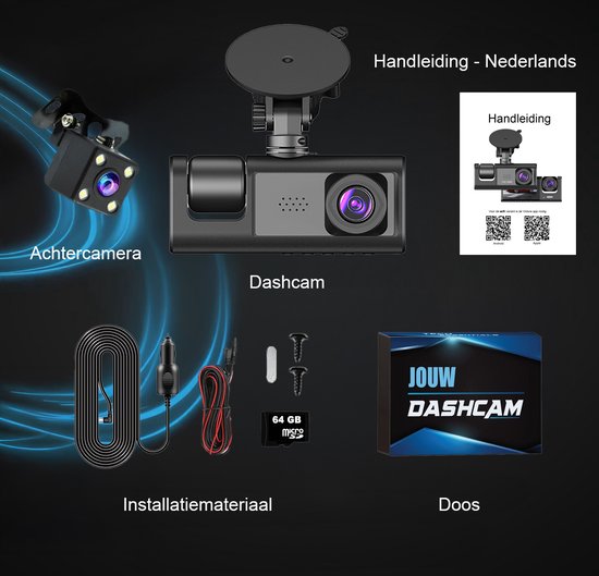 Tech Essentials® Dual Dashcam S1-Wifi Voor Auto - Met Achteruitrijcamera Universeel - Full HD - Met 64GB Micro SD-Kaart - Met Nachtzicht - APP | Voor En Achter