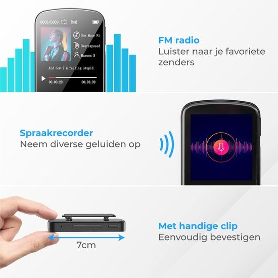 Nuvance - MP3 Speler met Touchscreen en Bluetooth - Incl. Oordopjes - met Clip - Voice Recorder Digitaal - met FM Radio - Zwart