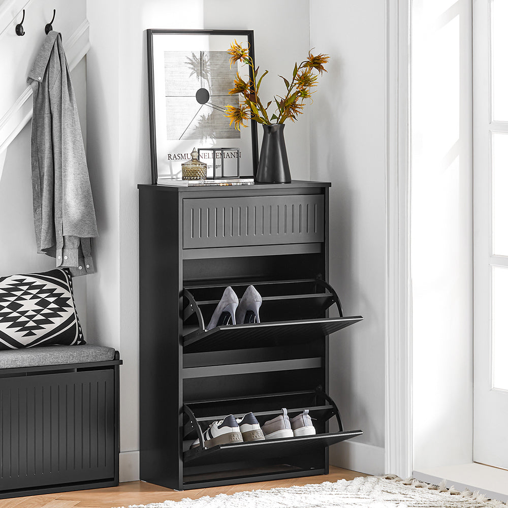 SoBuy Schoenenkast FSR165-SCH - 2 Kleppen en 1 Lade - MDF - 61 x 26 x 100 cm - Zwart