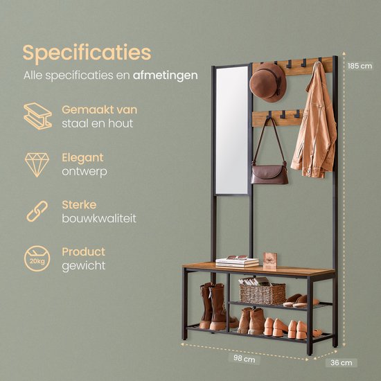 O'DADDY® Garderoberek Met Spiegel - Kapstok - Schoenrek - Kapstok staand - Vintage Look - Zwart en Bruin - Schoenenrek - kapstokken