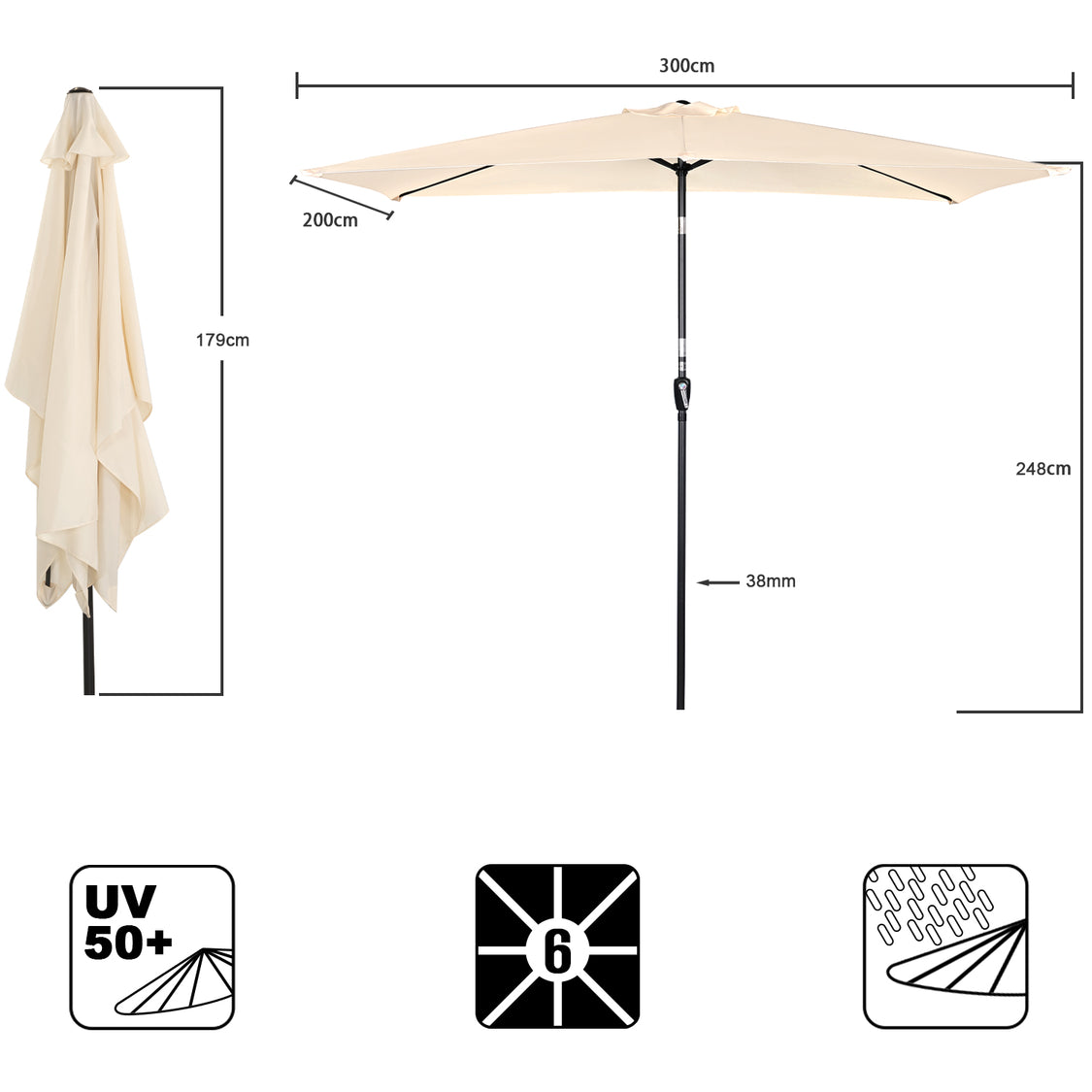 Angel Living Parasol - 3 x 2 m - Rechthoekig - Beige