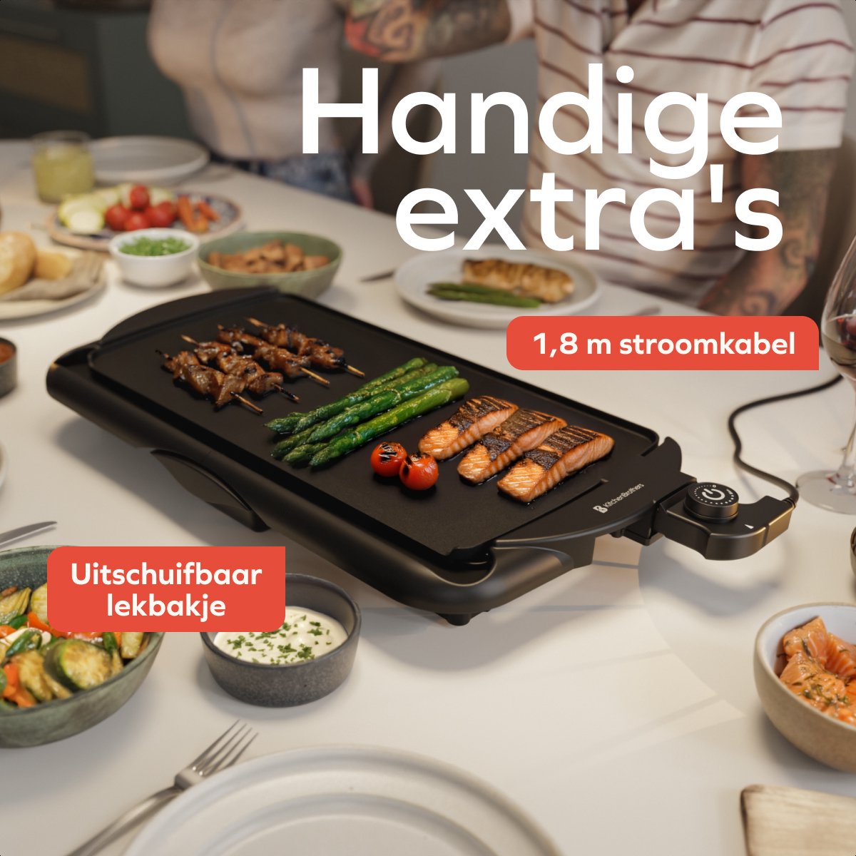 KitchenBrothers Elektrische Grillplaat XL - 2000W - Teppanyaki Bakplaat - Veilig Grillen - Zwart