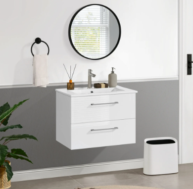 Yaheetech Badkamermeubel met Wastafel - Wit Hoogglans - 61 x 39,5 x 45,5 cm - Wandmontage, 4 Lades, Keramische Wasbak