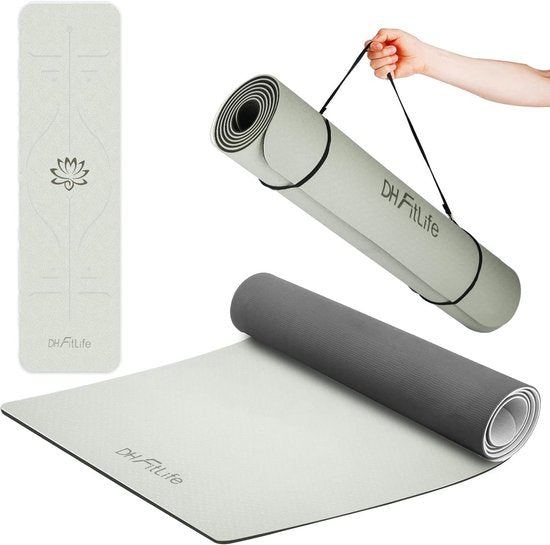 DH FitLife yogamat van TPE, 183 x 61 x 0,6 cm, gymnastiekmat, trainingsmat aan beide zijden antislip & milieuvriendelijk, fitnessmat met oriëntatielijnen (Grijs)