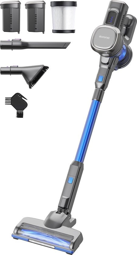 Auronic Steelstofzuiger - Draadloos - Zonder Zak - Op Accu - Zelfstaand - 220W - Extra Batterij - Vacuum Cleaner - Grijs/Blauw
