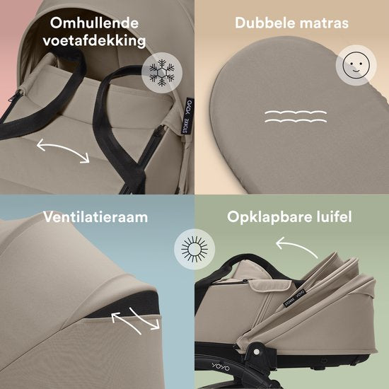 Stokke YOYO Newborn Shell, Taupe - Voor baby's tot 6 maanden of 9 kg - Inclusief semi-harde kap, tweepersoonsmatras en voetenzak - Voor YOYO-frame (los verkrijgbaar)