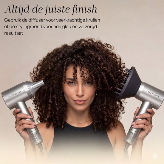 Sansbeauté® Föhn met Diffuser - Krullen - 110.000RPM - Ionische Haardroger met Borstel - 3 Standen - 3 Opzetstukken - Reisföhn - Sèche Cheveux - Krul Feun Set - Haarföhn met Defuser - Hair Blow Dryer - Kappersfohn - 2000W