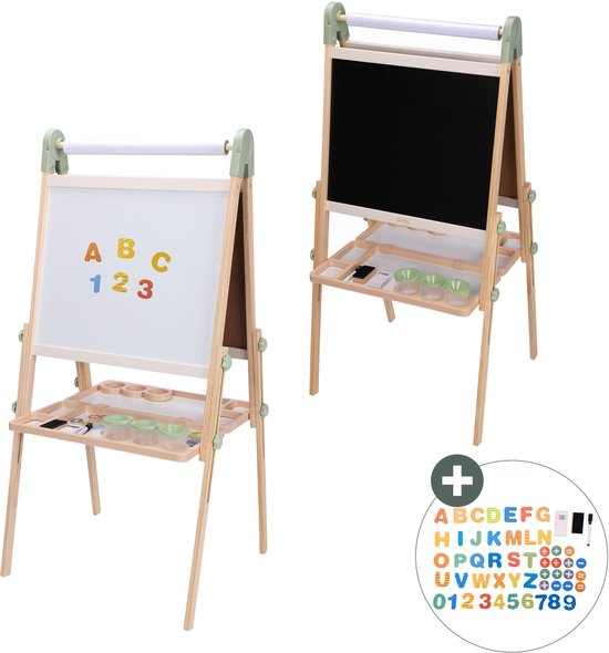 Sunny Luna Activiteiten Ezel – Verstelbare Houten Kinder Ezeltje – Speelezel met Whiteboard & Krijtbord – Magnetisch Bord – Inclusief Papierrol, Bekers & Accessoires – Educatief Speelgoed