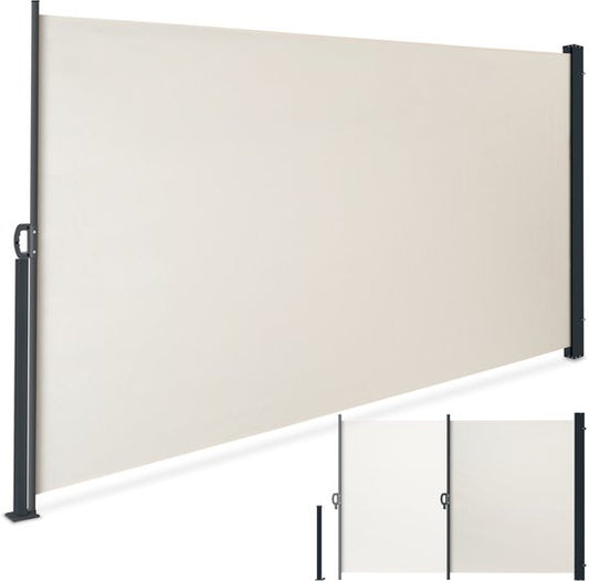 tectake® Uitschuifbaar Windscherm met Oprolmechanisme - 300 x 160 cm - Zijluifel met Aluminium Frame- Zonnescherm - Tuinscherm - Beige Balkonscherm - Ondoorzichtbaar Privacyscherm - Markiesdoek
