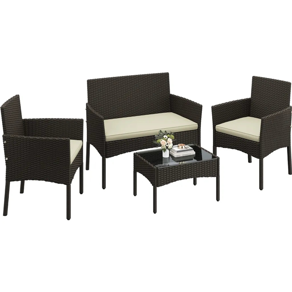 Yaheetech Polyrattan Loungeset 4-delig - Bruin/Beige - Tuinset met 2-zitsbank, 2 Stoelen en Tafel
