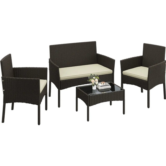 Yaheetech Polyrattan Loungeset 4-delig - Bruin/Beige - Tuinset met 2-zitsbank, 2 Stoelen en Tafel