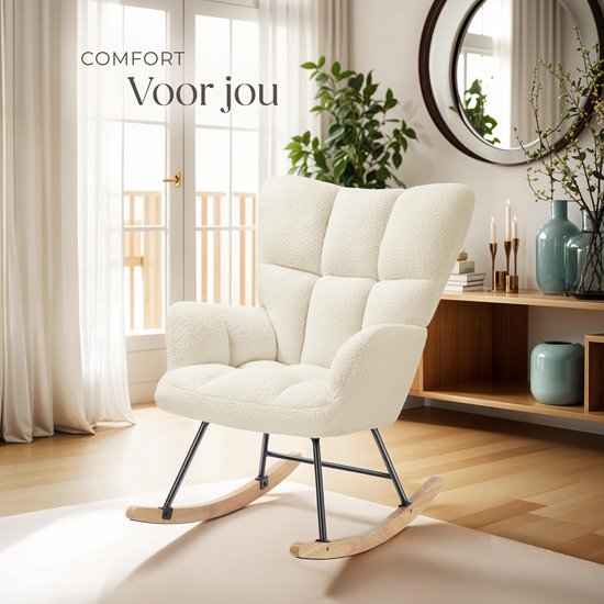 tectake® Schommelstoel Torve - Gestoffeerde Bouclé-Stof Schommelstoel in Scandi-Stijl - Relaxstoel met Houten Glijders, Zachte Bekleding en Hoge Rugleuning voor Optimaal Comfort - 70 x 96 x 97 cm - Beige