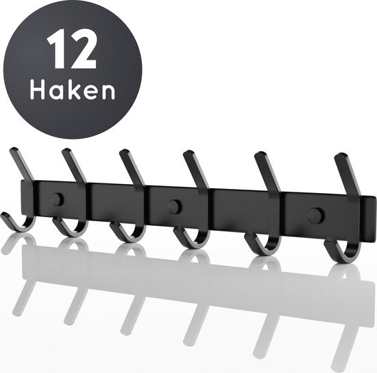 Volcan Wandkapstok - 12 Haken - RVS - Muur Kapstok Hangend - Industrieel - 3M Tape - Zwart