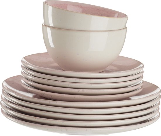 tectake® Serviesset Mare - 24-delig - Aardewerk met Glanzend Glazuur - 6 Persoons - Handgemaakt Servies - Moderne Bordenset met Grote en Kleine Borden, Kommen, Schaaltjes - Vaatwasser- en Magnetronbestendig - Roze