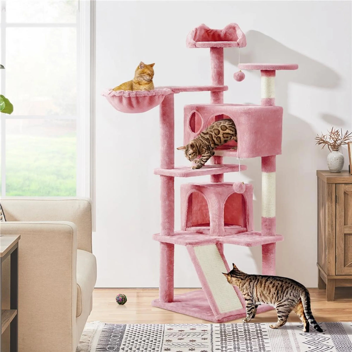 Yaheetech Grote Krabpaal met 5 Verdiepingen 146 cm – Sfeervol Roze – Sisal en Pluche