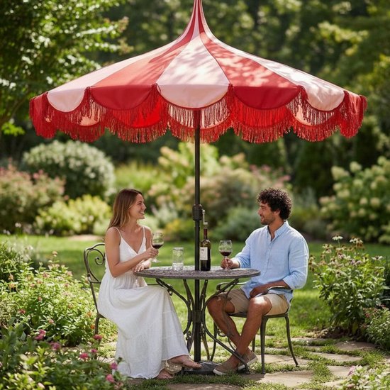 Mica Decorations Kim Gestreepte Parasol met Draagtas - Stokparasol 238 x Ø235 cm - Tuin of Balkonparasol - Polyester, Staal - Rood